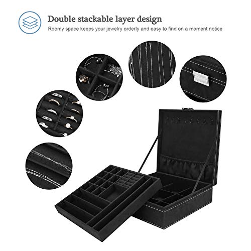 ProCase Estuche Joyero Grande Aterciopelado para Mujer, Caja Organizadora de 2 Pisos con Colgador de Collares Pendientes, Guardar Joyas Accesorios Decoración Pulseras Anillos Relojes en Hogar -Negro