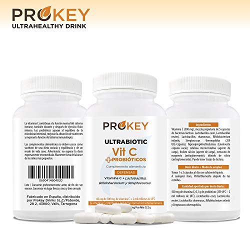 Prokey Vitamin C + Probioticos - Mejor sistema inmune y probióticos para la flora intestinal - Cepas de Lactobacillus, Bifidobacterium y Streptococcus - 500 mg - 2 mil millones CFU