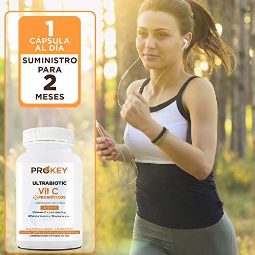 Prokey Vitamin C + Probioticos - Mejor sistema inmune y probióticos para la flora intestinal - Cepas de Lactobacillus, Bifidobacterium y Streptococcus - 500 mg - 2 mil millones CFU