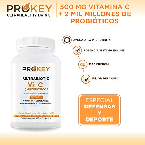 Prokey Vitamin C + Probioticos - Mejor sistema inmune y probióticos para la flora intestinal - Cepas de Lactobacillus, Bifidobacterium y Streptococcus - 500 mg - 2 mil millones CFU