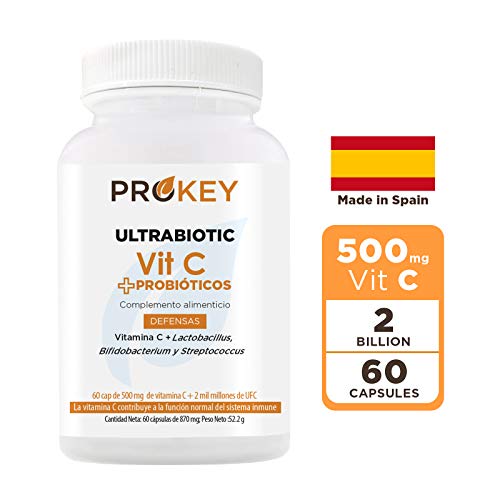 Prokey Vitamin C + Probioticos - Mejor sistema inmune y probióticos para la flora intestinal - Cepas de Lactobacillus, Bifidobacterium y Streptococcus - 500 mg - 2 mil millones CFU
