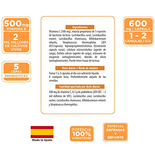 Prokey Vitamin C + Probioticos - Mejor sistema inmune y probióticos para la flora intestinal - Cepas de Lactobacillus, Bifidobacterium y Streptococcus - 500 mg - 2 mil millones CFU