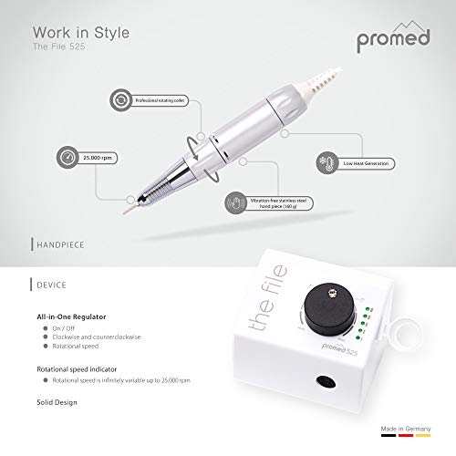Promed Torno de Uñas Profesional the file 525 25000 rpm Acrílico o Gel para Manicura y Pedicura, Lima de uñas eléctrica, fresado de uñas de gran potencia, elimina callos, Manicura casera y profesional