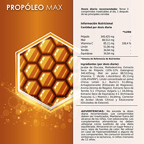 Propóleo puro masticable con miel, vitamina C y tomillo | Con equinácea | Aumenta tus defensas y protege el sistema inmunológico | Propiedades antibacterianas y antibióticas | 120 comprimidos