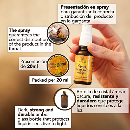 Propoleo spray garganta - 20 ml - BIO. Contribuye al bienestar de la garganta. Boca fresca gracias a su composición: propolis, miel, romero, eucalipto y limón.
