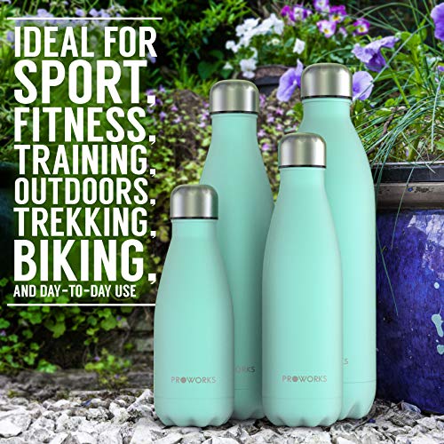 Proworks Botellas de Agua Deportiva de Acero Inoxidable | Cantimplora Termo con Doble Aislamiento para 12 Horas de Bebida Caliente y 24 Horas de Bebida Fría - Libre de BPA - 500ml – Verde