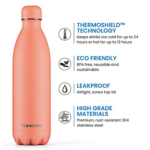 Proworks Botellas de Agua Deportiva de Acero Inoxidable | Cantimplora Termo con Doble Aislamiento para 12 Horas de Bebida Caliente y 24 Horas de Bebida Fría - Libre de BPA - 500ml – Verde