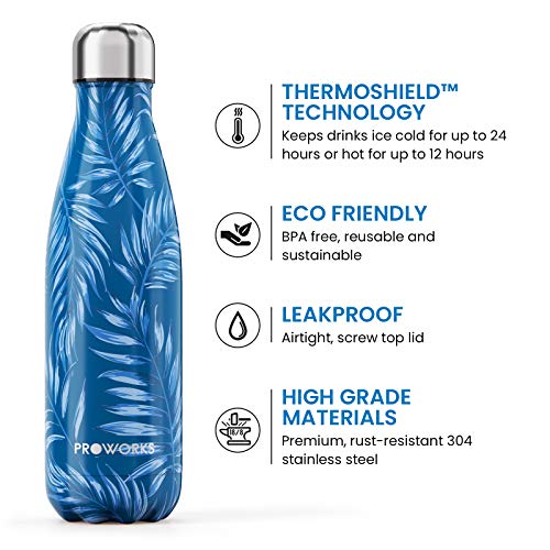 Proworks Botellas de Agua Deportiva de Acero Inoxidable | Cantimplora Termo con Doble Aislamiento para 12 Horas de Bebida Caliente y 24 Horas de Bebida Fría - Libre de BPA - 500ml Azul Hoja de Palma
