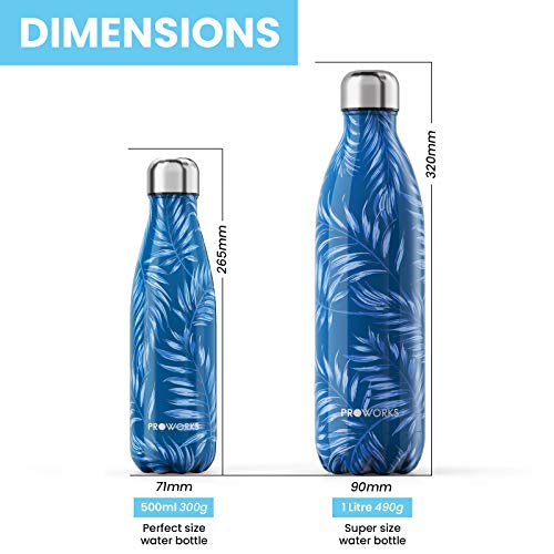 Proworks Botellas de Agua Deportiva de Acero Inoxidable | Cantimplora Termo con Doble Aislamiento para 12 Horas de Bebida Caliente y 24 Horas de Bebida Fría - Libre de BPA - 500ml Azul Hoja de Palma