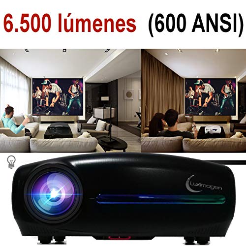 Proyector Full HD 1080P, Luximagen FUHD200 (1920x1080) 6.500 lúmenes LED, Proyector Maxima luminosidad Portátil LED Cine en casa AC3 HDMI USB MKV Sin Input Lag Corrección Horizontal (Negro)