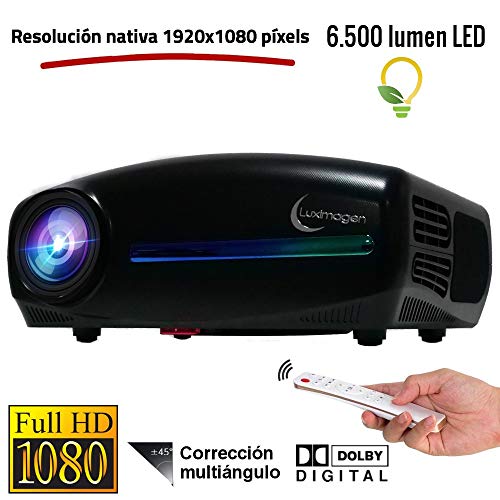 Proyector Full HD 1080P, Luximagen FUHD200 (1920x1080) 6.500 lúmenes LED, Proyector Maxima luminosidad Portátil LED Cine en casa AC3 HDMI USB MKV Sin Input Lag Corrección Horizontal (Negro)