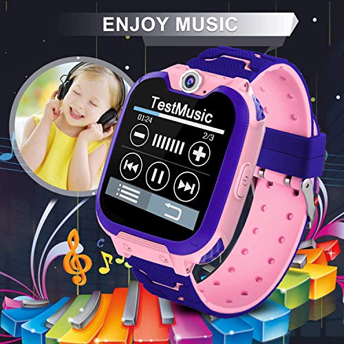 PTHTECHUS Reloj Inteligente para Juegos Infantiles con MP3 Player - [1GB Micro SD Incluido] Llamada de Pantalla táctil de 2 vías Juego de Alarma cámara Reloj Regalo de Juguete de cumpleaños (Rosa)