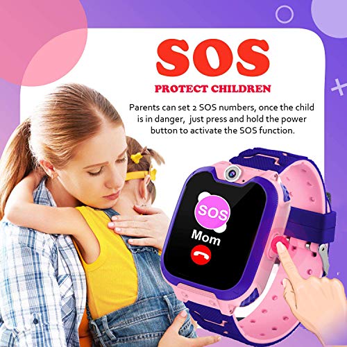 PTHTECHUS Reloj Inteligente para Juegos Infantiles con MP3 Player - [1GB Micro SD Incluido] Llamada de Pantalla táctil de 2 vías Juego de Alarma cámara Reloj Regalo de Juguete de cumpleaños (Rosa)