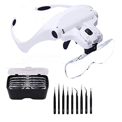 PULNDA Lupas con luz, lupa de cabeza Juego de 9 piezas Pinzas ESD precisas 5 lentes de intercambio (1.0X a 3.5X) para lectura, reparación, fabricación de relojes, costura,