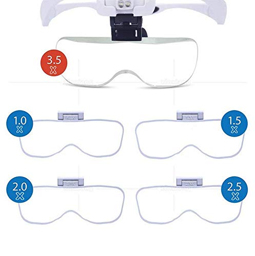 PULNDA Lupas con luz, lupa de cabeza Juego de 9 piezas Pinzas ESD precisas 5 lentes de intercambio (1.0X a 3.5X) para lectura, reparación, fabricación de relojes, costura,