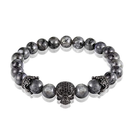 Pulsera Joyas Pulsera Moda Pulsera de Cuentas Naturales Pulsera Micro Pave Cz Esqueleto Negro Cráneo Corwn 8Mm Gris Flash Stone Energy Hombres Buda Joyería B