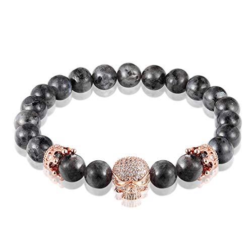 Pulsera Joyas Pulsera Moda Pulsera de Cuentas Naturales Pulsera Micro Pave Cz Esqueleto Negro Cráneo Corwn 8Mm Gris Flash Stone Energy Hombres Buda Joyería R