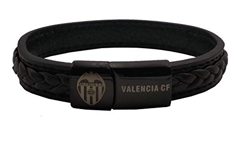Pulsera Valencia C.F. Piel Negra con Ribete y Trenza superpuesta, Cierre Negro con Escudo y Letras grabadas