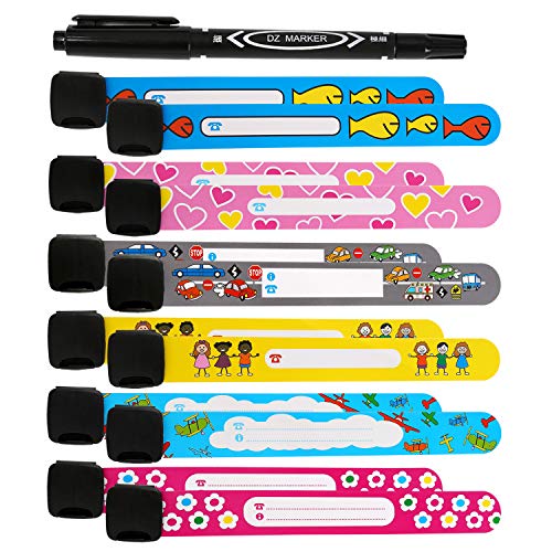 Pulseras Identificativas Niños, BelleStyle 12 Pcs Pulsera de Seguridad, SOS Pulsera, Anti Perdida Bebé de Emergencia Impermeable Reutilizable Niño, Niña para Viajar, Piscina, con una Pluma Especial