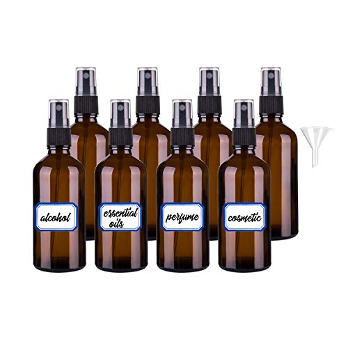 pulverizador cristal, botella de vidrio atomizador rociador 8 piezas, con 1 embudo y 1 etiqueta, para aceites esenciales, perfumes, cosméticos ((8x50 ml) marrón)