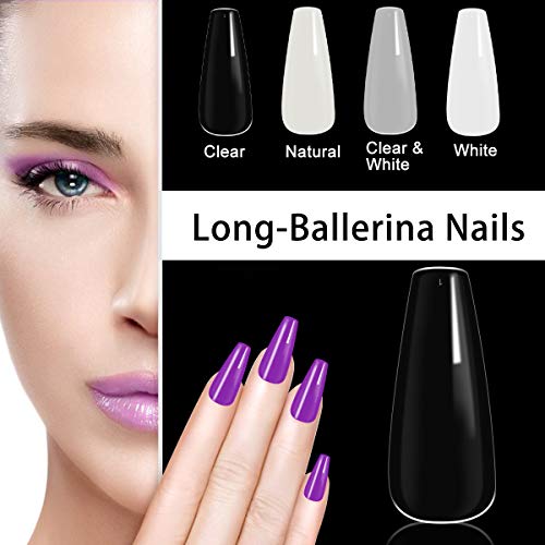 Puntas de uñas acrílicas 500 piezas - Puntas de uñas falsas de cubierta completa con forma de bailarina larga natural - Puntas de uñas postizas artificiales de 9 tamaños (transparente)