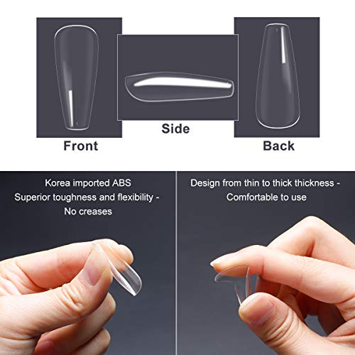 Puntas de uñas acrílicas 500 piezas - Puntas de uñas falsas de cubierta completa con forma de bailarina larga natural - Puntas de uñas postizas artificiales de 9 tamaños (transparente)