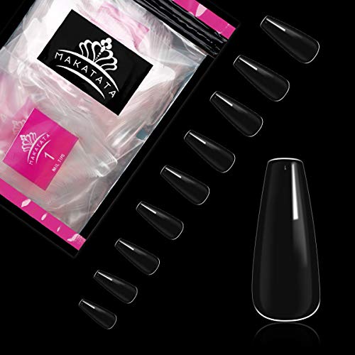 Puntas de uñas acrílicas 500 piezas - Puntas de uñas falsas de cubierta completa con forma de bailarina larga natural - Puntas de uñas postizas artificiales de 9 tamaños (transparente)
