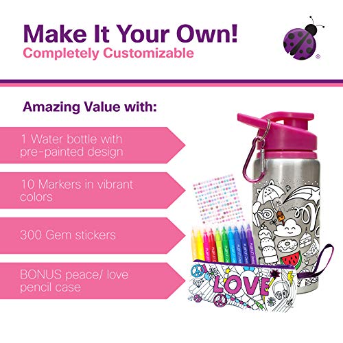 Purple Ladybug CREA tu Propia Botella de Agua Personalizada con 10 Rotuladores Vivos Pegatinas de Gemas y Estuche de Regalo – Botella de Agua para Niños, Sin BPA Niña