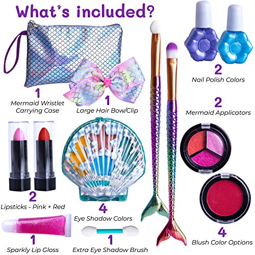 Purple Ladybug Kit de Maquillaje para Niñas Estilo Sirena - Set de Maquillaje de Niña Seguro y Lavable con Neceser de Maquillaje, Pintalabios, Coloretes, Sombras, Brochas con Cola de Sirena, y Más