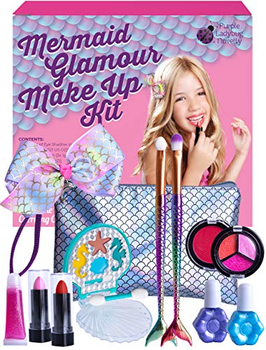 Purple Ladybug Kit de Maquillaje para Niñas Estilo Sirena - Set de Maquillaje de Niña Seguro y Lavable con Neceser de Maquillaje, Pintalabios, Coloretes, Sombras, Brochas con Cola de Sirena, y Más