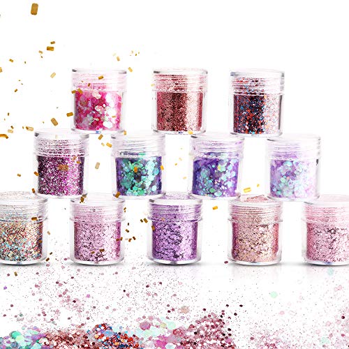 Purpurinas Polvo,Sporgo Chunky Glitter Flakes Paillette para uñas de cara Ojos Labios Cabello Cuerpo,maquillaje Glitter For Music Festival Masquerade Party Music Hallown Christmas(12 cajas * 10ML)
