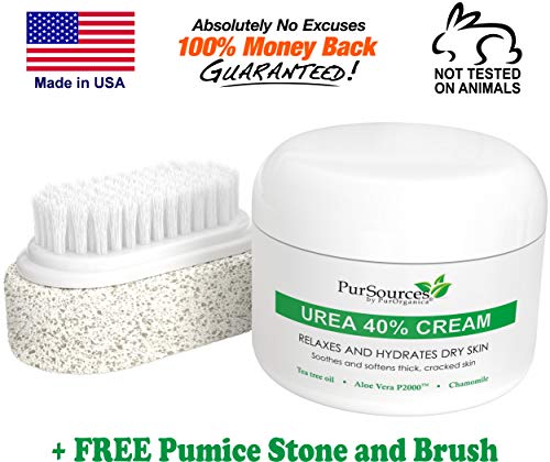 PurSources Urea 40% Foot Cream 4 oz - Best Callus Remover - Moisturizes & Rehydrates Thick, Cracked, Rough, Dead & Dry Skin - For Feet, Elbows and Hands + Free Pumice Stone - 100% Money Back Guarantee