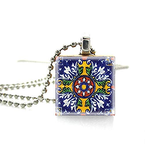 pyongjie Vintage Pintado a Mano Mexicano Talavera T patrón Estampado Pintura Scrabble T Collar Hecho a Mano Madera Colgante Collares