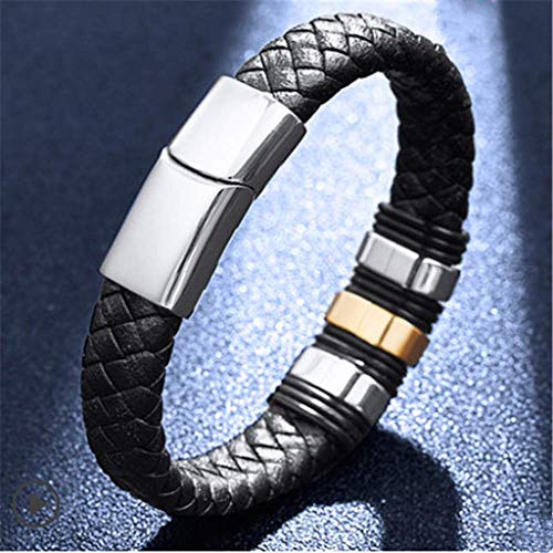 QINGMI Hermano Pulsera Hombre Cuerda de Cuero Tejido Moda Hombre Dominante Negro Social Personalidad Coreana Pulsera Mujer Ins Nicho Diseño 19.5Cm