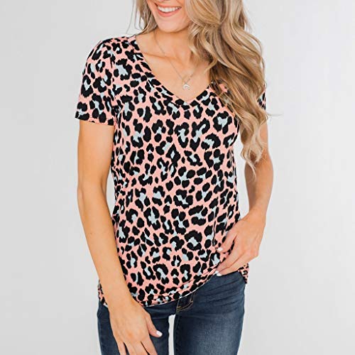 Qingsiy Camiseta Mujeres Verano Camisetas Leopardo Suelta Pullover Casual Camisa Manga Corta Cuello V Flojas Atractiva Blusa Sólido Tops Redondo Casual Tops (Rosa,L)