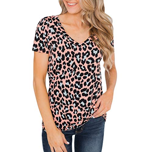 Qingsiy Camiseta Mujeres Verano Camisetas Leopardo Suelta Pullover Casual Camisa Manga Corta Cuello V Flojas Atractiva Blusa Sólido Tops Redondo Casual Tops (Rosa,L)