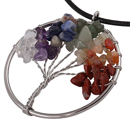 QIYUN.Z Árbol De La Vida Colgante Redondo Chakra del Cordón De Cuero Collar De Piedras Preciosas De La Cadena