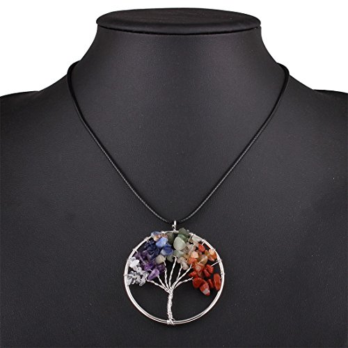 QIYUN.Z Árbol De La Vida Colgante Redondo Chakra del Cordón De Cuero Collar De Piedras Preciosas De La Cadena