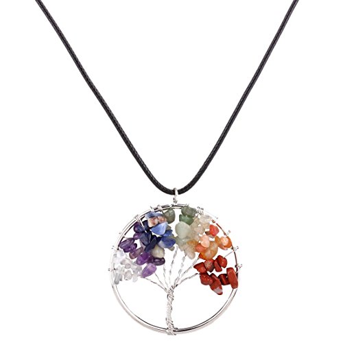 QIYUN.Z Árbol De La Vida Colgante Redondo Chakra del Cordón De Cuero Collar De Piedras Preciosas De La Cadena