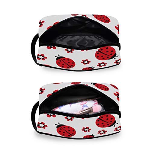QMIN - Neceser portátil con diseño de Mariquita y Flores para Viaje, multifunción, Bolsa de Maquillaje, Bolsa de Almacenamiento para niños, niñas, Mujeres, Hombres