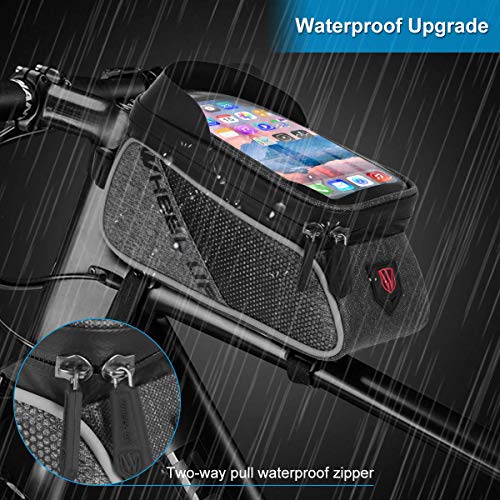 Qomolo Bolsa de Bicicleta, Bolsas Impermeable para Bicicleta de Montaña con Pantalla Táctil y Visera, Bolso del Marco de la Bici para Teléfonos Móviles de Menos 6 Pulgadas (con Cubierta de Lluvia)