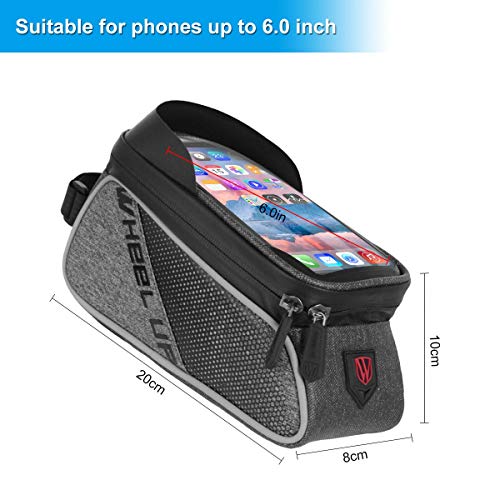 Qomolo Bolsa de Bicicleta, Bolsas Impermeable para Bicicleta de Montaña con Pantalla Táctil y Visera, Bolso del Marco de la Bici para Teléfonos Móviles de Menos 6 Pulgadas (con Cubierta de Lluvia)