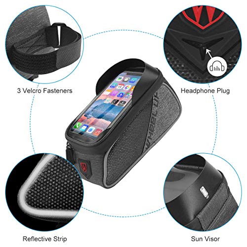 Qomolo Bolsa de Bicicleta, Bolsas Impermeable para Bicicleta de Montaña con Pantalla Táctil y Visera, Bolso del Marco de la Bici para Teléfonos Móviles de Menos 6 Pulgadas (con Cubierta de Lluvia)