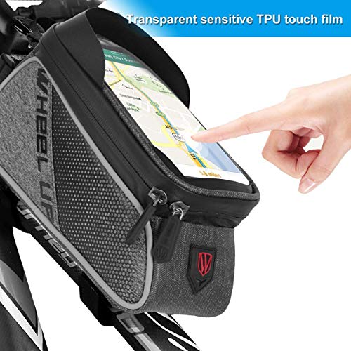 Qomolo Bolsa de Bicicleta, Bolsas Impermeable para Bicicleta de Montaña con Pantalla Táctil y Visera, Bolso del Marco de la Bici para Teléfonos Móviles de Menos 6 Pulgadas (con Cubierta de Lluvia)