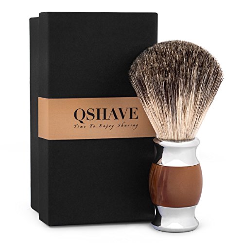 QShave - Brocha de afeitar, 100% pelo de tejón auténtico y puro y mango de resina plástica, hecha a mano, -