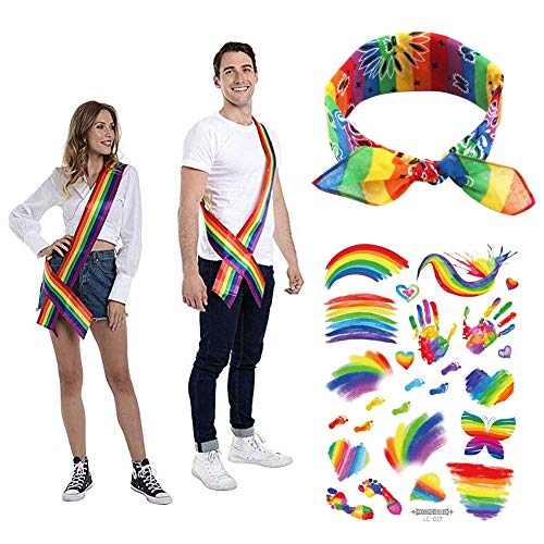 QSUM Gay Pride Accesorios Set - Rainbow Sash & Tatuajes Temporales & para Mujer y Hombre - LGBT Festival Supplies