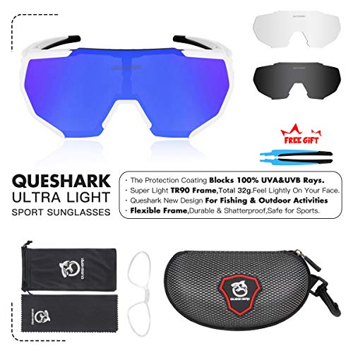 Queshark Gafas De Sol Polarizadas para Ciclismo con 3 Lentes Intercambiables UV400 MTB Bicicleta Montaña (Blanco)