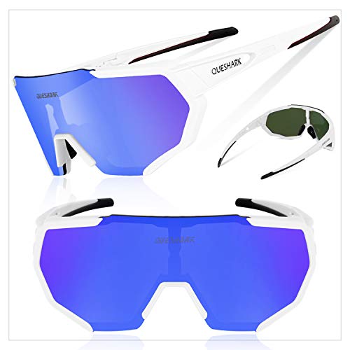 Queshark Gafas De Sol Polarizadas para Ciclismo con 3 Lentes Intercambiables UV400 MTB Bicicleta Montaña (Blanco)