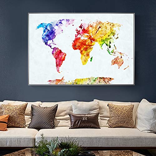 QWESFX - Póster de acuarela con mapa del mundo para habitación de bebé, diseño abstracto de pared, graffiti