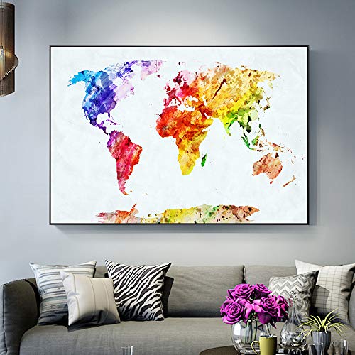 QWESFX - Póster de acuarela con mapa del mundo para habitación de bebé, diseño abstracto de pared, graffiti